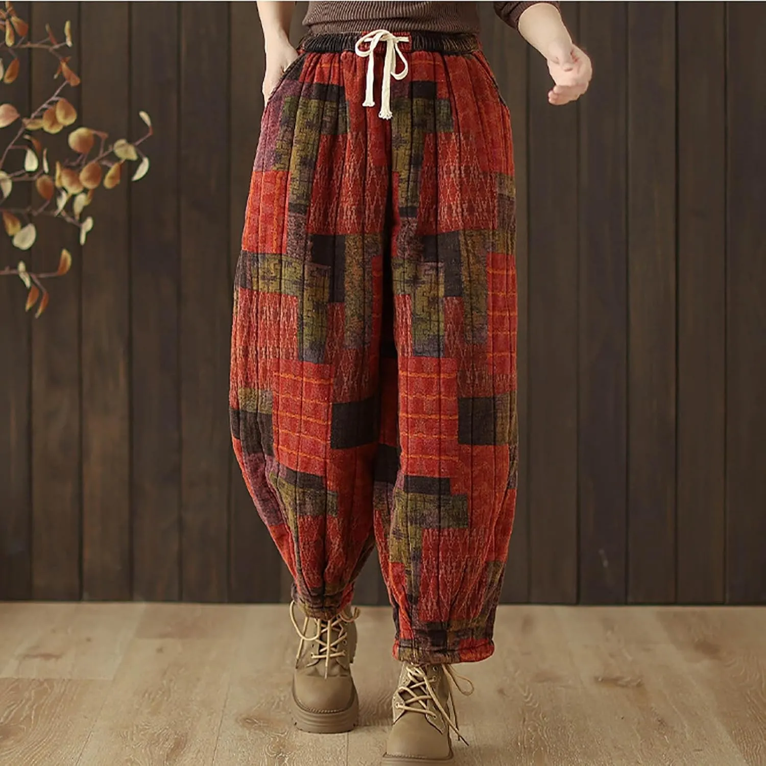 Women's Baggy Harem Pants Vintage Floral Print Casual Elastic Waist Pleated Trousers Trendy Hip-Hop Winter Warm Pant