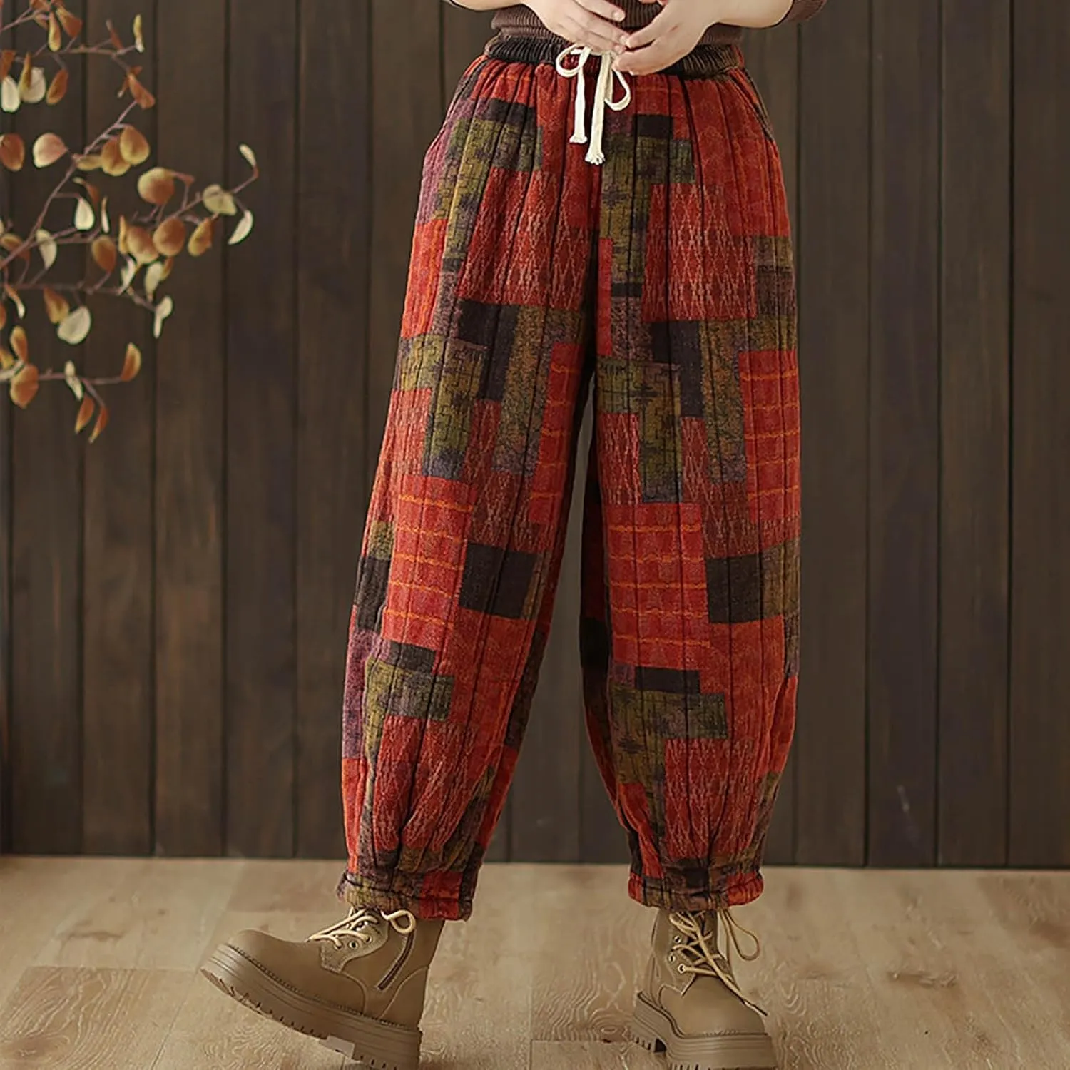 Women's Baggy Harem Pants Vintage Floral Print Casual Elastic Waist Pleated Trousers Trendy Hip-Hop Winter Warm Pant