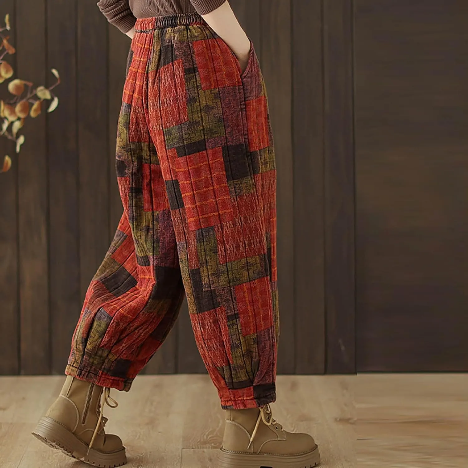 Women's Baggy Harem Pants Vintage Floral Print Casual Elastic Waist Pleated Trousers Trendy Hip-Hop Winter Warm Pant