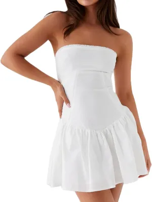 Womens Boho Floral Tube Strapless Mini Bodycon Dress Ruched Backless Going Out Ruffle Bandeau Short Dresses Summer
