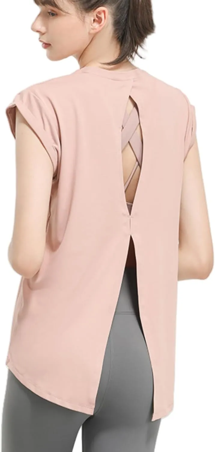 Women's Breathable Workout T-Shirt Backless Yoga Top,Quick-Dry Running Shirt with Curved Hem,S-XL