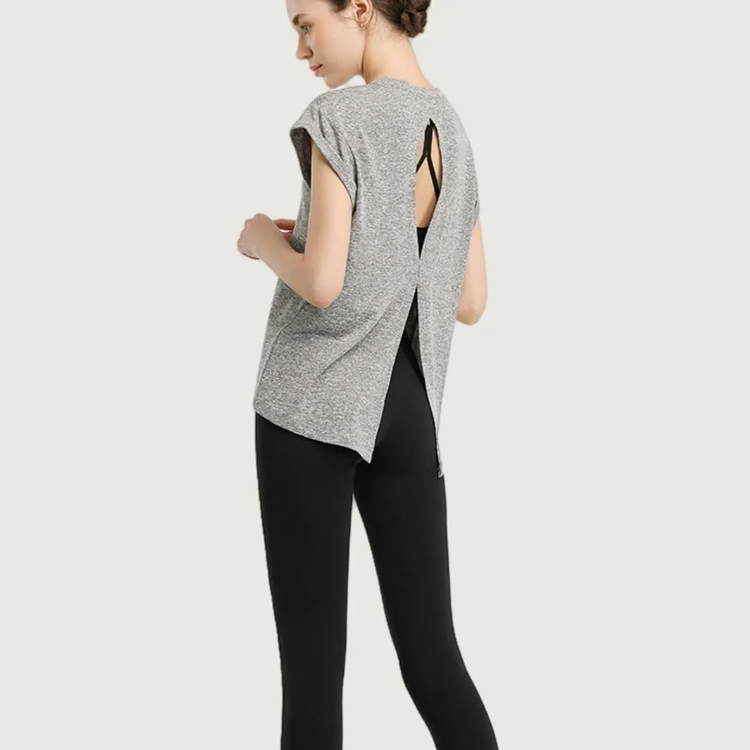 Women's Breathable Workout T-Shirt Backless Yoga Top,Quick-Dry Running Shirt with Curved Hem,S-XL
