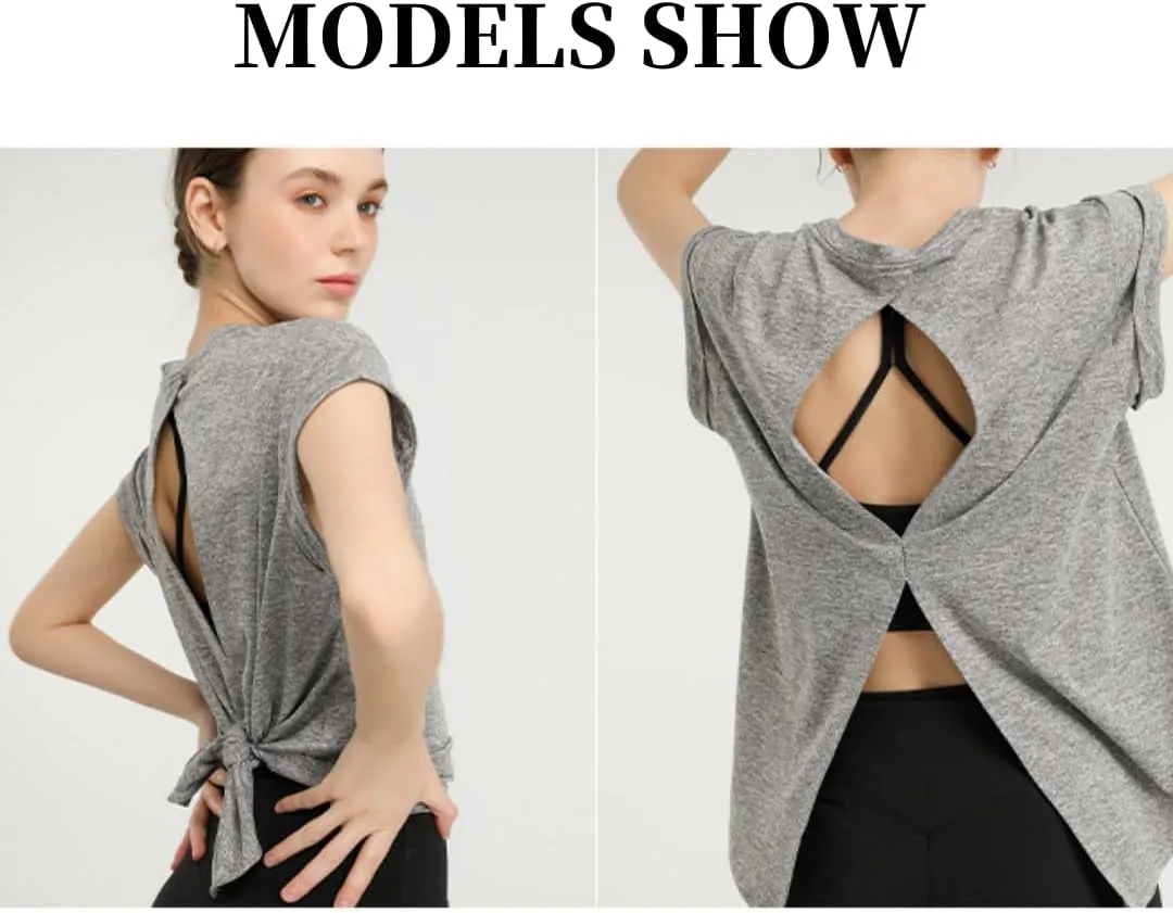 Women's Breathable Workout T-Shirt Backless Yoga Top,Quick-Dry Running Shirt with Curved Hem,S-XL