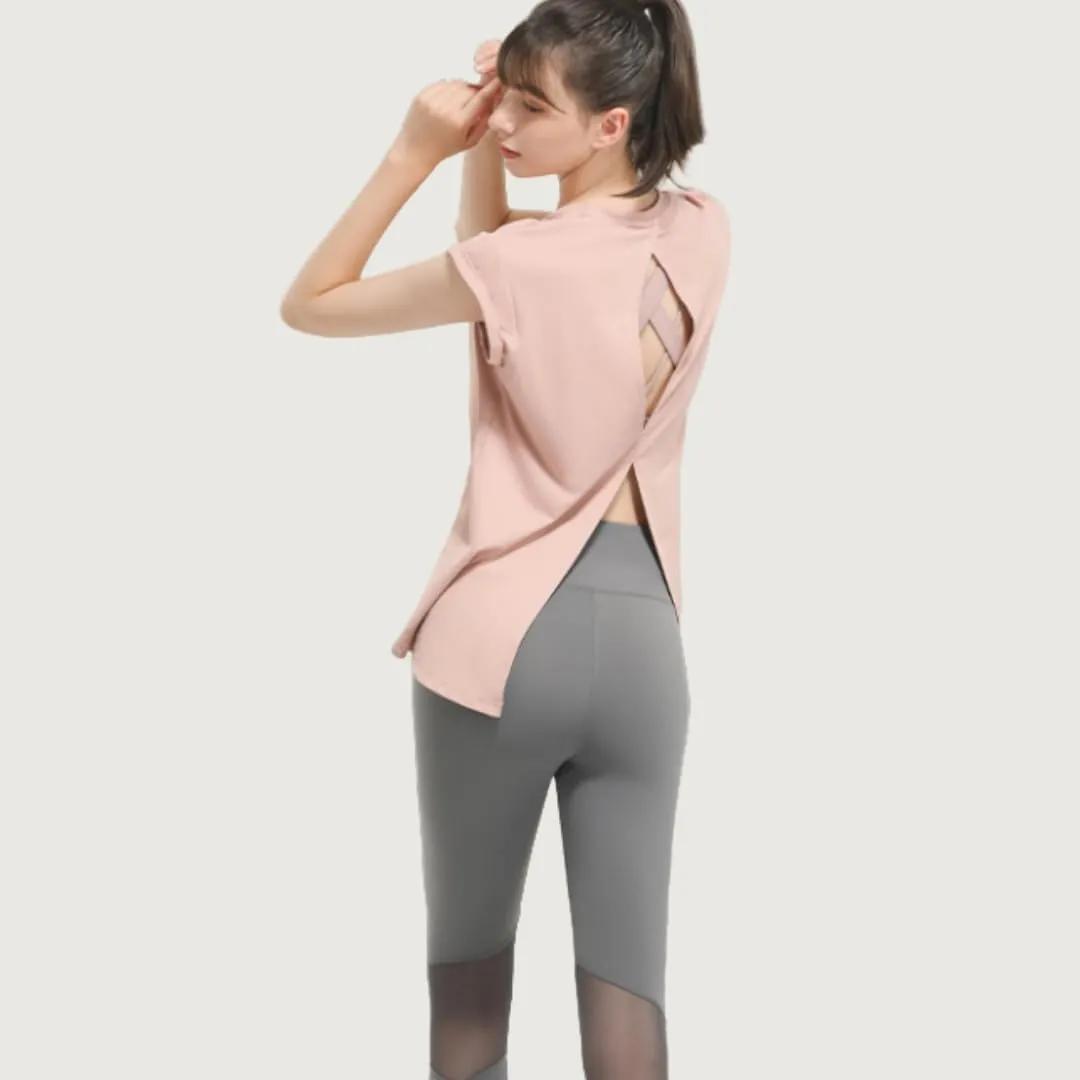 Women's Breathable Workout T-Shirt Backless Yoga Top,Quick-Dry Running Shirt with Curved Hem,S-XL