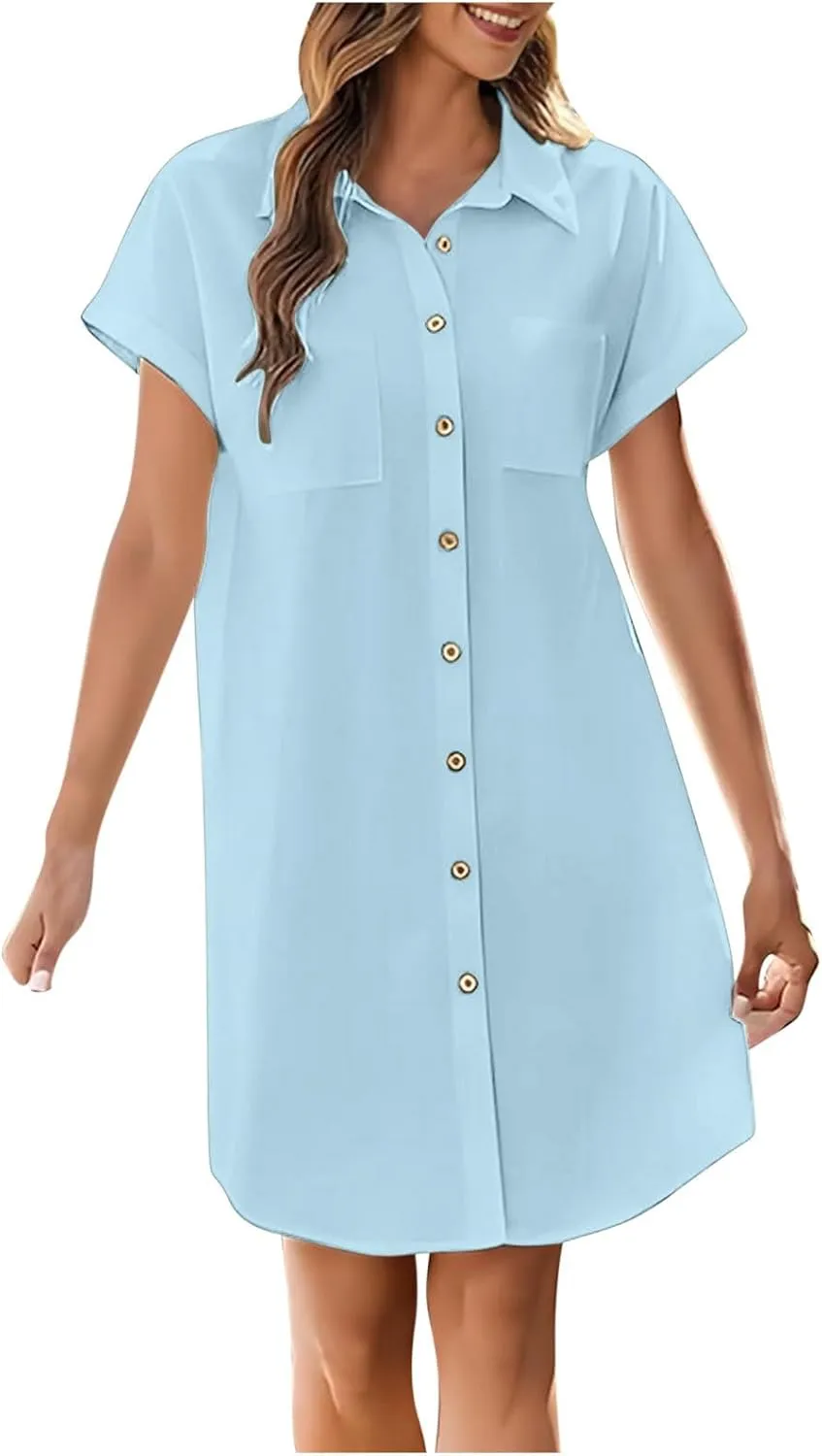Womens Button Down Shirt Dress Summer Cotton Linen Dress V Neck Mini Dress Casual Short Sleeve Beach Tunic Dresses