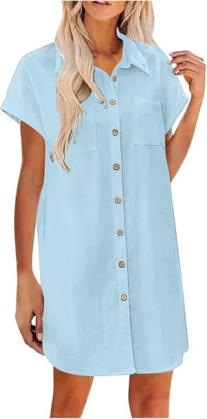 Womens Button Down Shirt Dress Summer Cotton Linen Dress V Neck Mini Dress Casual Short Sleeve Beach Tunic Dresses