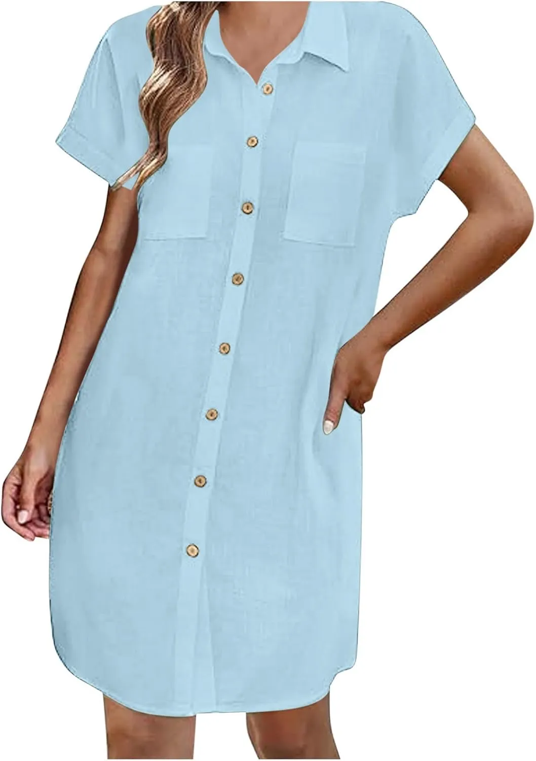 Womens Button Down Shirt Dress Summer Cotton Linen Dress V Neck Mini Dress Casual Short Sleeve Beach Tunic Dresses