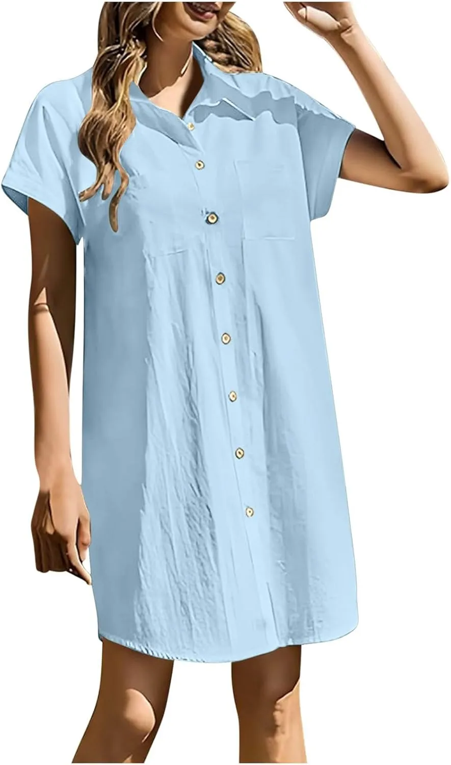 Womens Button Down Shirt Dress Summer Cotton Linen Dress V Neck Mini Dress Casual Short Sleeve Beach Tunic Dresses