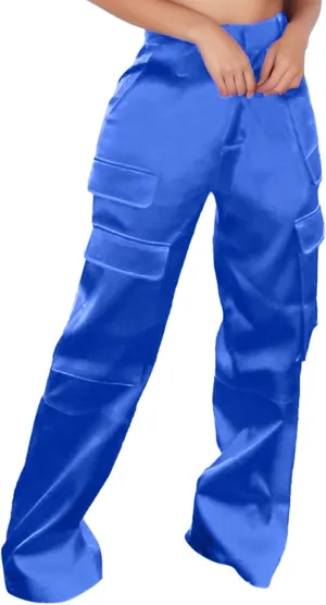 Women's Casual Fashion Pants Muilt Pocket Pants High Rise Satin Soft Track Suit Sweatpants Baggy Wide Leg Trousers