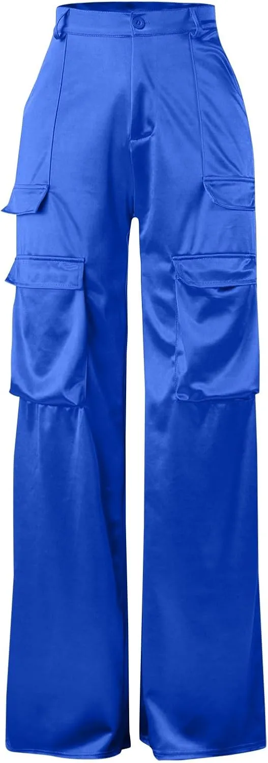 Women's Casual Fashion Pants Muilt Pocket Pants High Rise Satin Soft Track Suit Sweatpants Baggy Wide Leg Trousers
