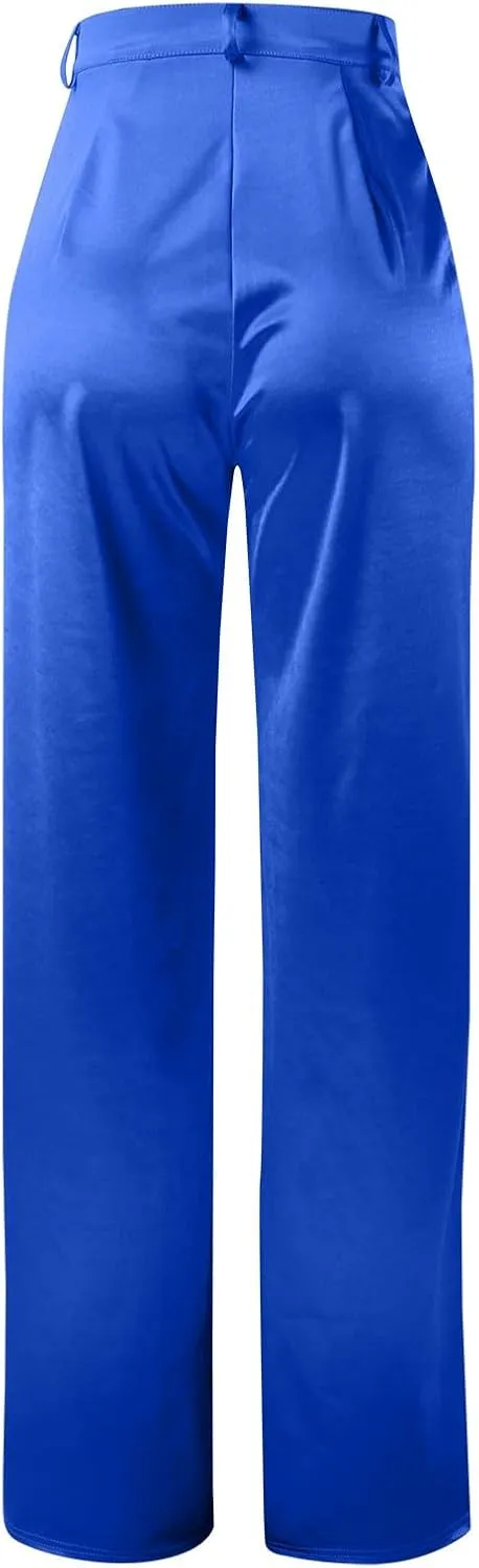 Women's Casual Fashion Pants Muilt Pocket Pants High Rise Satin Soft Track Suit Sweatpants Baggy Wide Leg Trousers