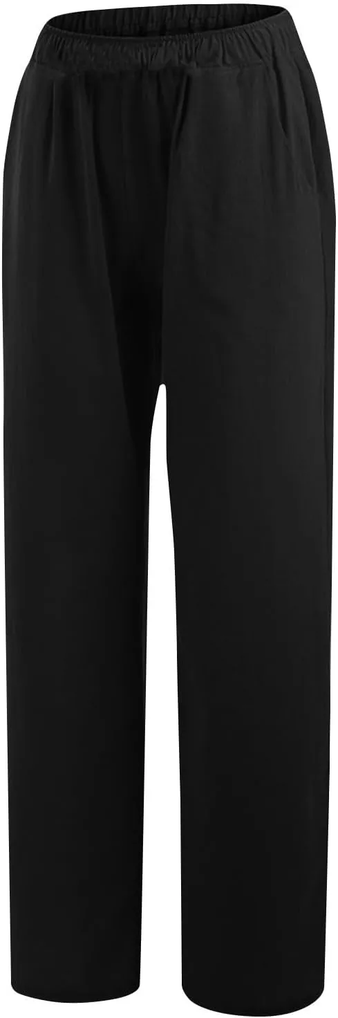 Women's Casual Linen Pants Elastic Waist Trousers Solid Pants Summer Beach Trousers Travel Outfits with 4 Pockets