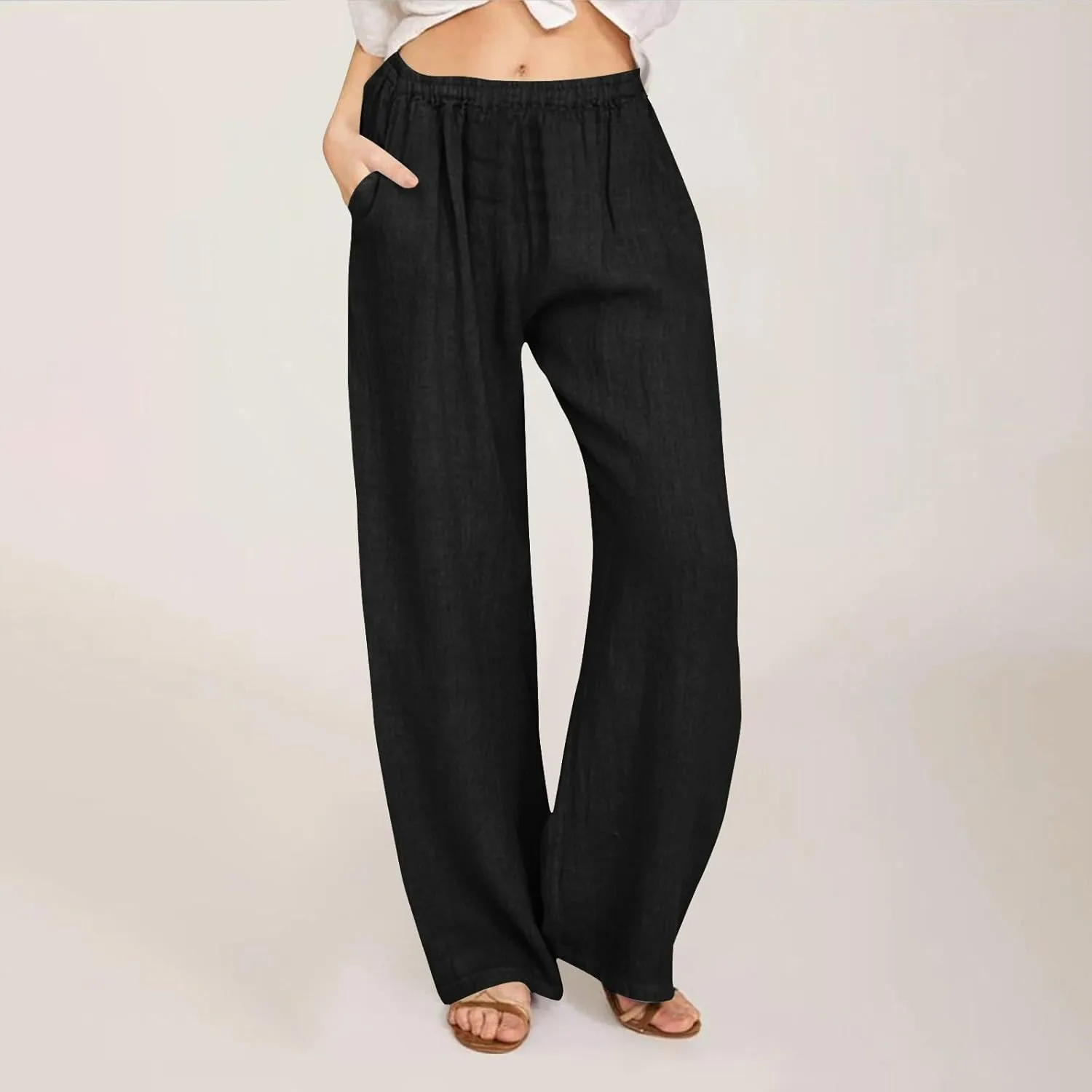 Women's Casual Linen Pants Elastic Waist Trousers Solid Pants Summer Beach Trousers Travel Outfits with 4 Pockets