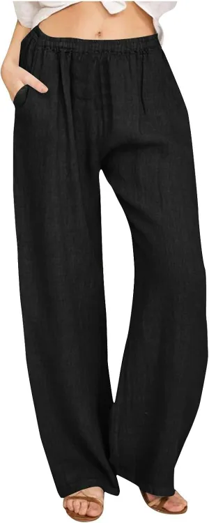 Women's Casual Linen Pants Elastic Waist Trousers Solid Pants Summer Beach Trousers Travel Outfits with 4 Pockets