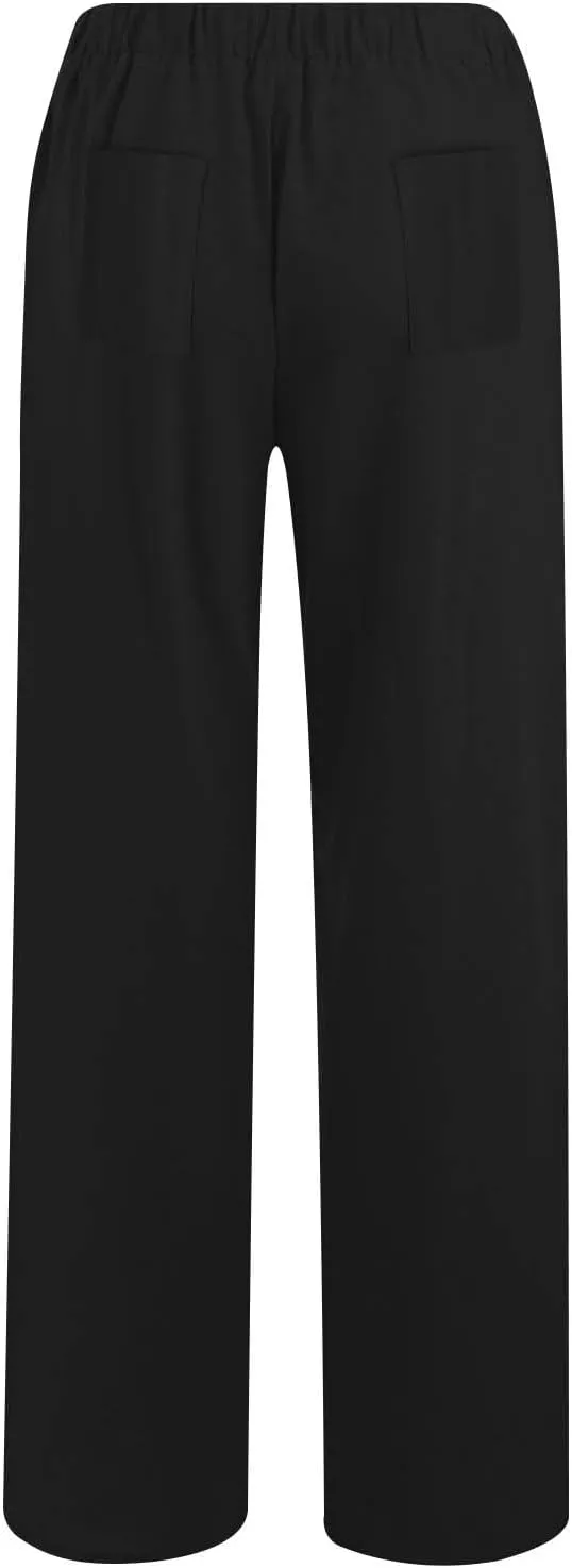 Women's Casual Linen Pants Elastic Waist Trousers Solid Pants Summer Beach Trousers Travel Outfits with 4 Pockets