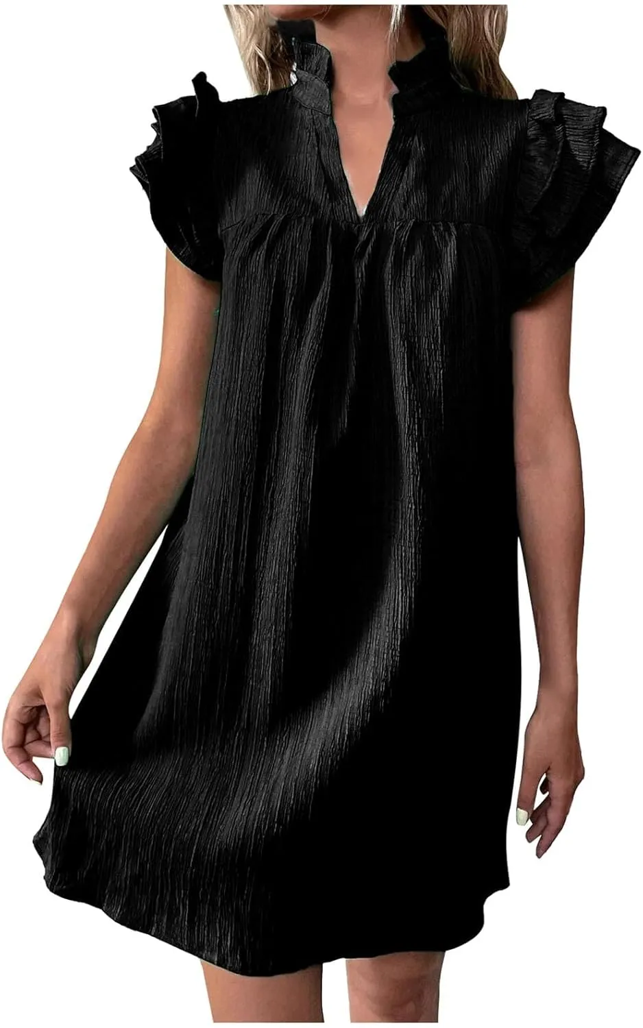 Women's Casual Mini Dress Ruffle Short Cap Sleeve High Waist V-Neck Dress Summer A-Line Cocktail Party Sundress