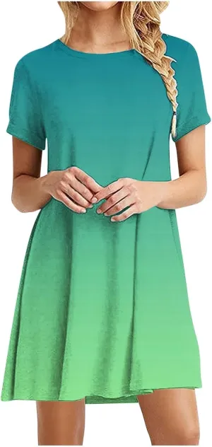 Women's Casual Simple T-Shirt Loose Dress Short Sleeve Ombre Dress Summer T-Shirt Sundress Gradient Swing Dresses