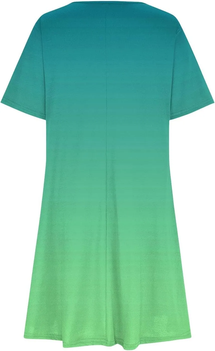 Women's Casual Simple T-Shirt Loose Dress Short Sleeve Ombre Dress Summer T-Shirt Sundress Gradient Swing Dresses