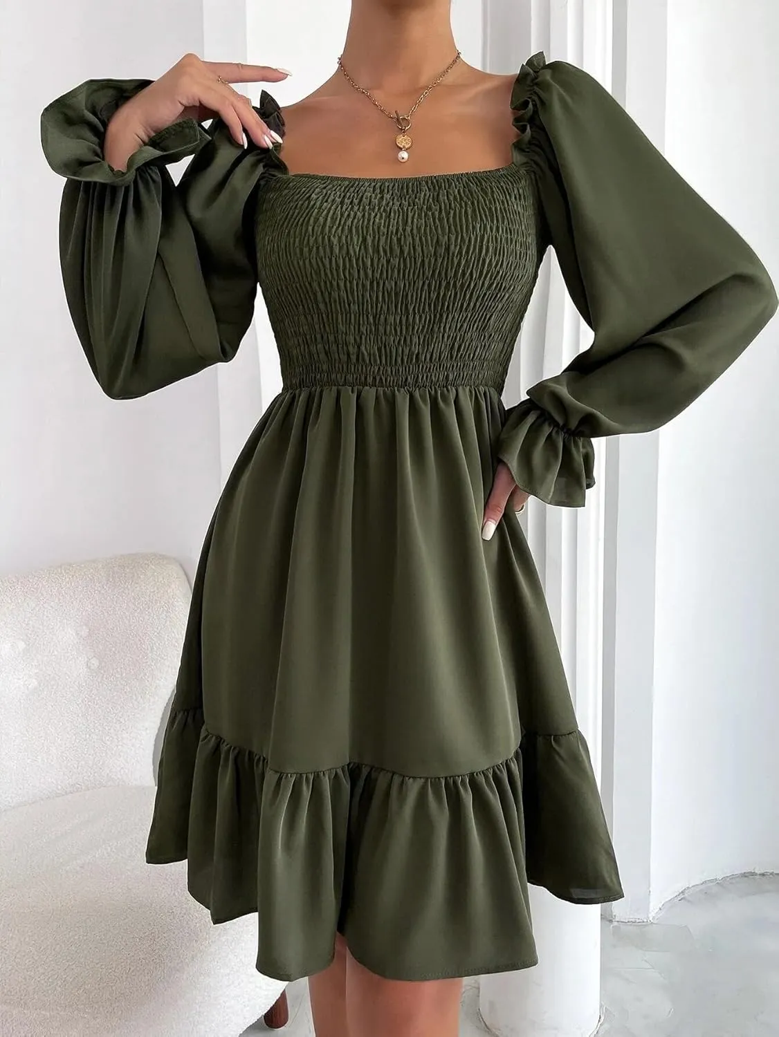 Women's Chiffon Blend Casual Mini Dress with Long Lantern Sleeves, Square Neck Tie Back High Waist A-Line Silhouette