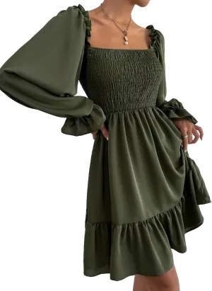 Women's Chiffon Blend Casual Mini Dress with Long Lantern Sleeves, Square Neck Tie Back High Waist A-Line Silhouette