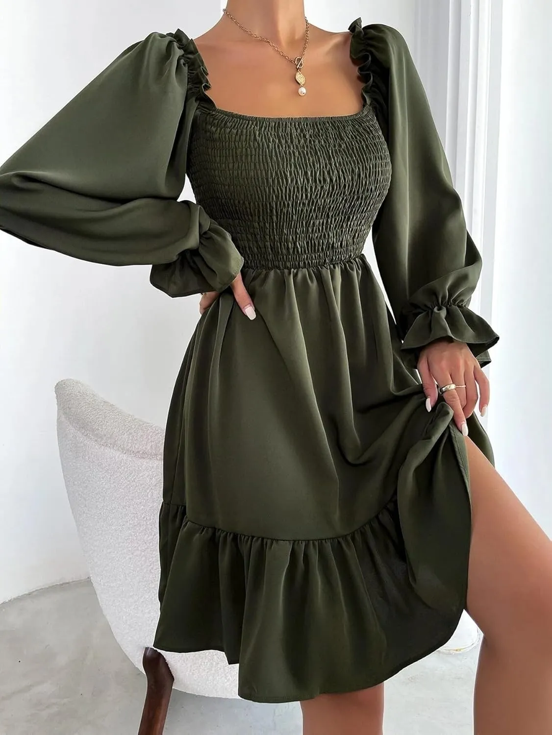 Women's Chiffon Blend Casual Mini Dress with Long Lantern Sleeves, Square Neck Tie Back High Waist A-Line Silhouette