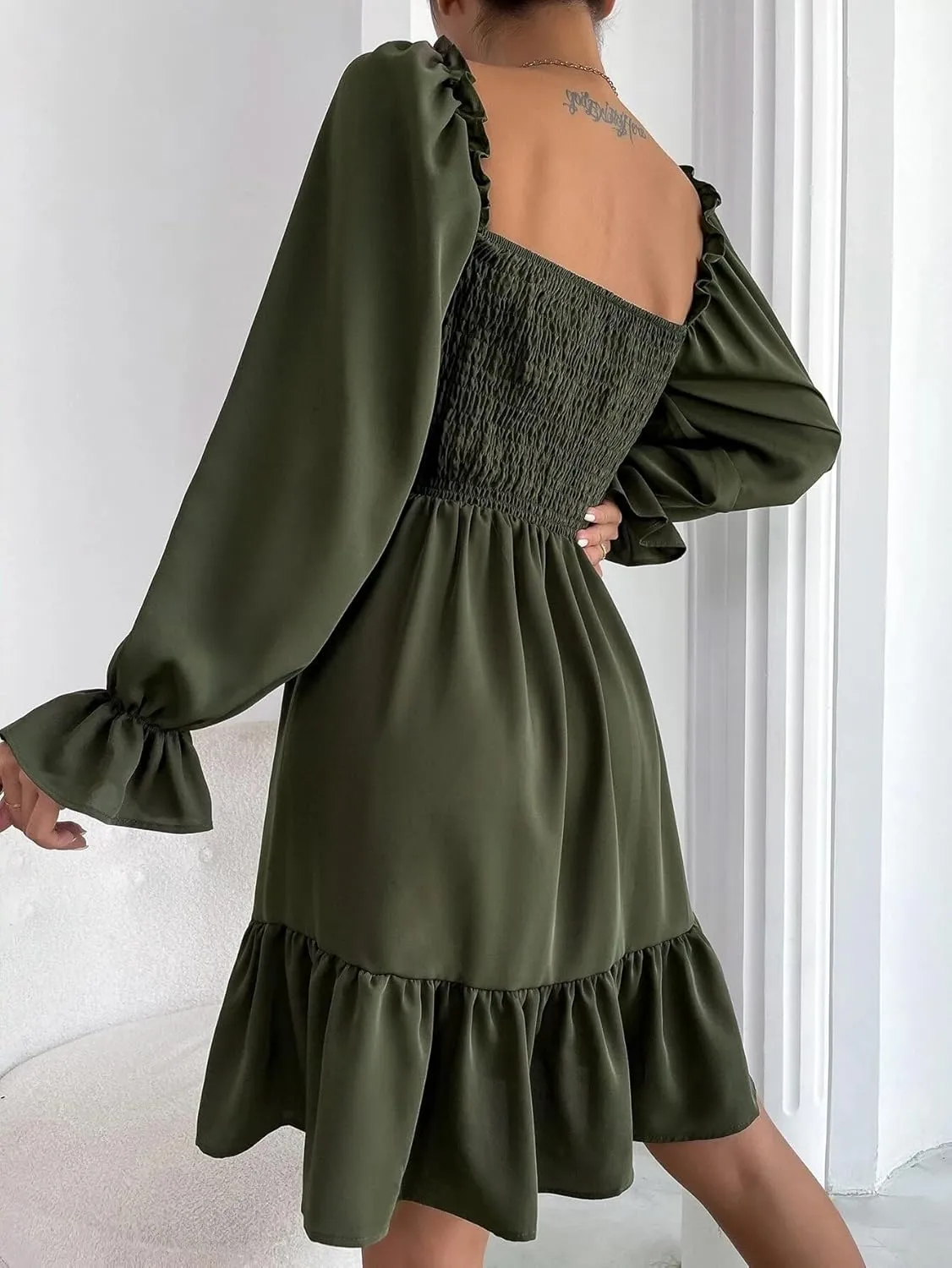 Women's Chiffon Blend Casual Mini Dress with Long Lantern Sleeves, Square Neck Tie Back High Waist A-Line Silhouette