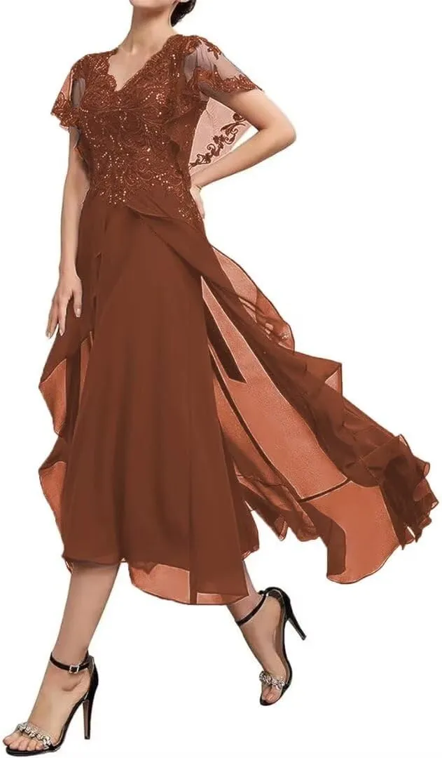 Womens Chiffon Mother of The Bride Dress V Neck Formal Evening Dresses Laces Appliques Wedding Guest Dress