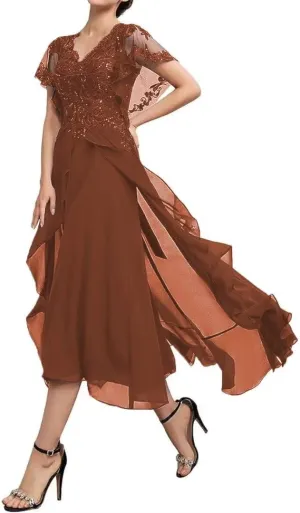 Womens Chiffon Mother of The Bride Dress V Neck Formal Evening Dresses Laces Appliques Wedding Guest Dress