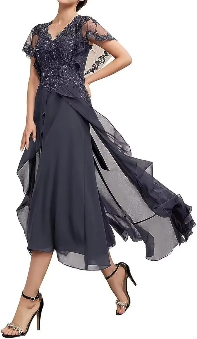 Womens Chiffon Mother of The Bride Dress V Neck Formal Evening Dresses Laces Appliques Wedding Guest Dress