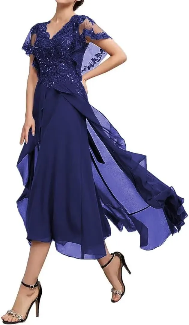 Womens Chiffon Mother of The Bride Dress V Neck Formal Evening Dresses Laces Appliques Wedding Guest Dress