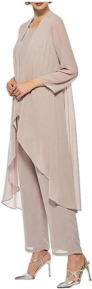 Women's Chiffon Pants Suits 3 Pieces Mother of The Bride Wedding Party Outfit Evening Dress