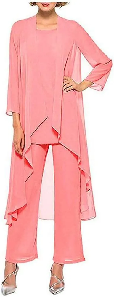 Women's Chiffon Pants Suits 3 Pieces Mother of The Bride Wedding Party Outfit Evening Dress