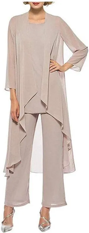 Women's Chiffon Pants Suits 3 Pieces Mother of The Bride Wedding Party Outfit Evening Dress