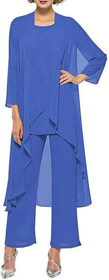 Women's Chiffon Pants Suits 3 Pieces Mother of The Bride Wedding Party Outfit Evening Dress