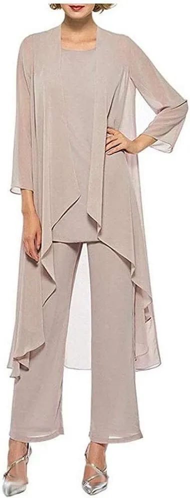 Women's Chiffon Pants Suits 3 Pieces Mother of The Bride Wedding Party Outfit Evening Dress