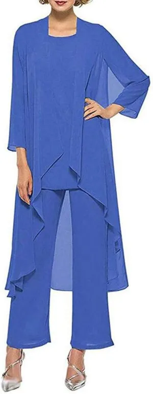 Women's Chiffon Pants Suits 3 Pieces Mother of The Bride Wedding Party Outfit Evening Dress