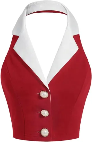 Women's Colorblock Sleeveless Turndown V Neck Collar Button Front Backless Slim Fit Crop Halter Top Tank Top Cropper