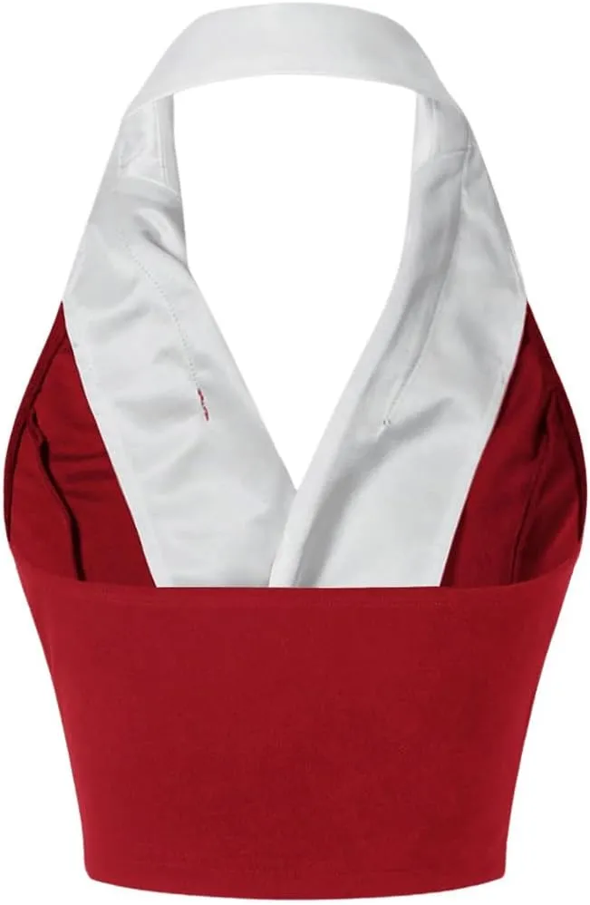 Women's Colorblock Sleeveless Turndown V Neck Collar Button Front Backless Slim Fit Crop Halter Top Tank Top Cropper