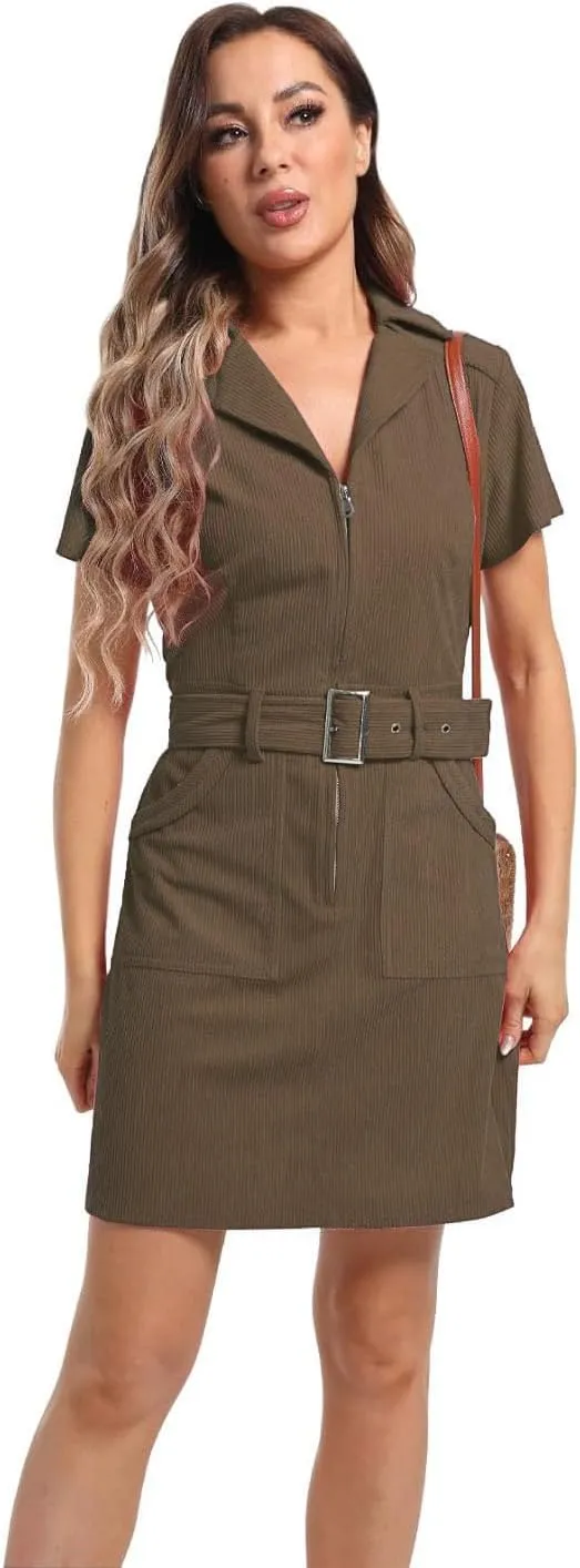Women's Corduroy Mini Dress with Short Sleeve Lapel Zip Belt Cowgirl Dress with Pockets