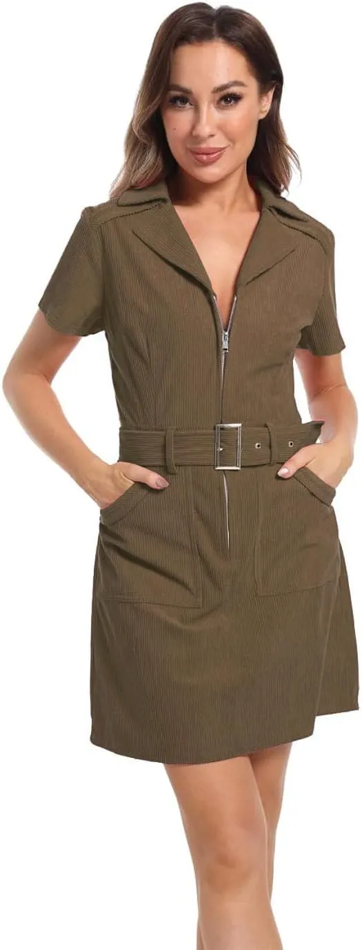 Women's Corduroy Mini Dress with Short Sleeve Lapel Zip Belt Cowgirl Dress with Pockets