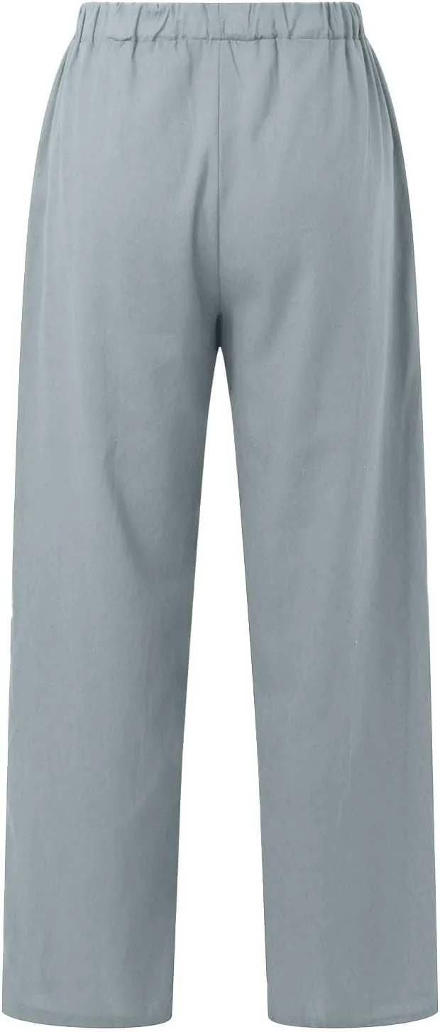 Womens Cotton Linen Pants Pants Casual Drawstring Elastic Trousers Comfy Straight Leg Long with Pockets Casual
