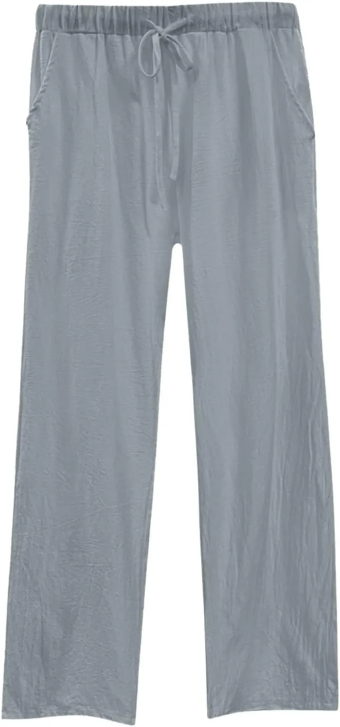Womens Cotton Linen Pants Pants Casual Drawstring Elastic Trousers Comfy Straight Leg Long with Pockets Casual
