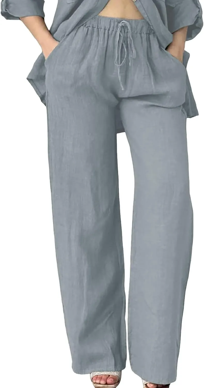 Womens Cotton Linen Pants Pants Casual Drawstring Elastic Trousers Comfy Straight Leg Long with Pockets Casual