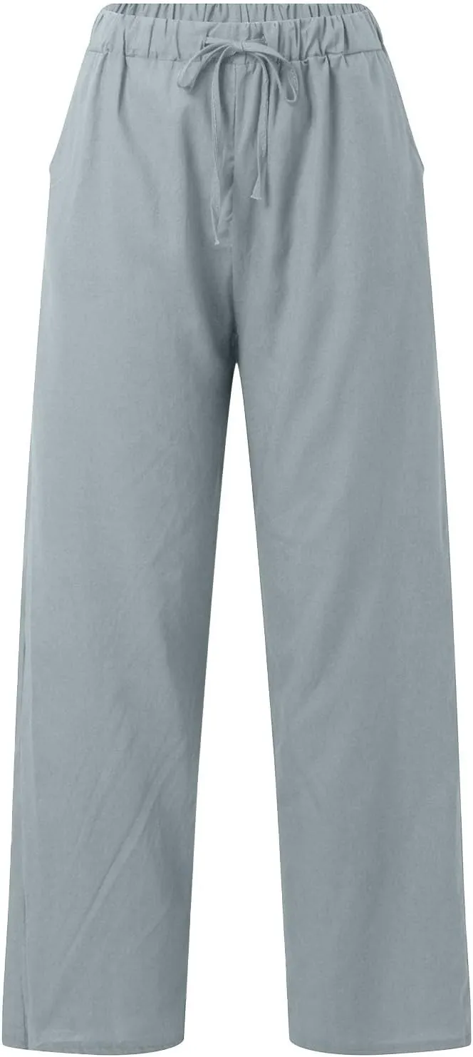 Womens Cotton Linen Pants Pants Casual Drawstring Elastic Trousers Comfy Straight Leg Long with Pockets Casual