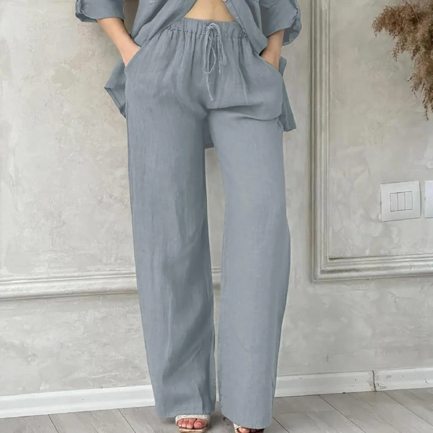 Womens Cotton Linen Pants Pants Casual Drawstring Elastic Trousers Comfy Straight Leg Long with Pockets Casual