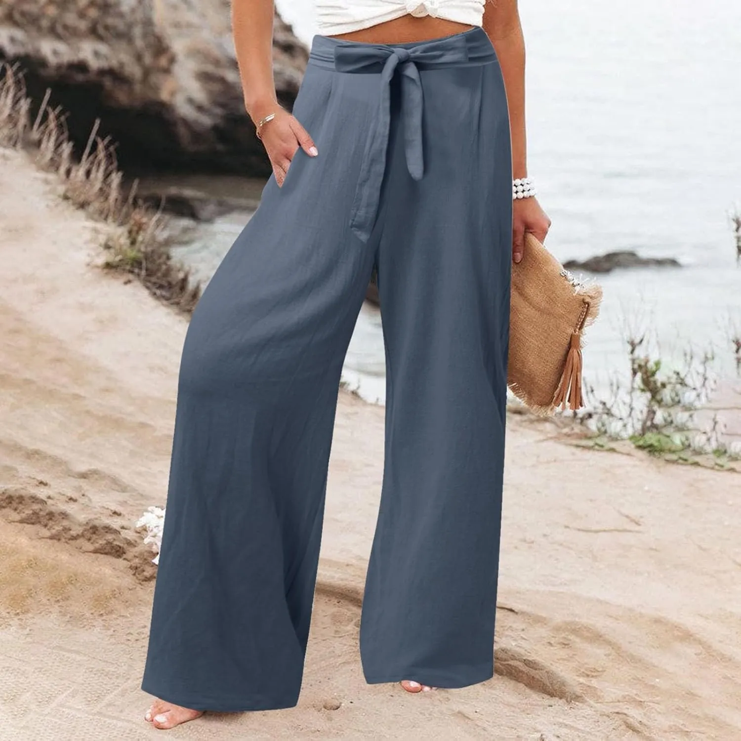 Women's Cotton Linen Summer Casual Loose Palazzo Lounge Pants Elastic Waist Lounge Pants Loose Fit Palazzo