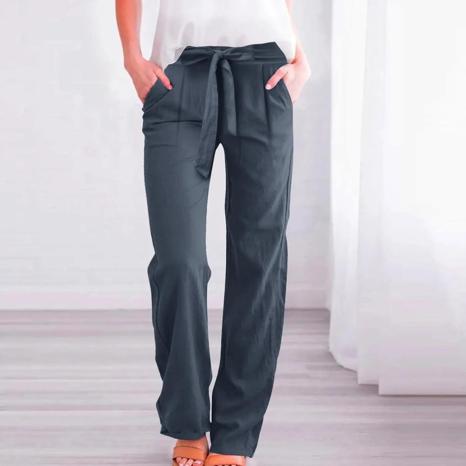 Women's Cotton Linen Summer Casual Loose Palazzo Lounge Pants Elastic Waist Lounge Pants Loose Fit Palazzo