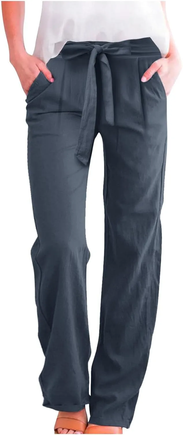 Women's Cotton Linen Summer Casual Loose Palazzo Lounge Pants Elastic Waist Lounge Pants Loose Fit Palazzo