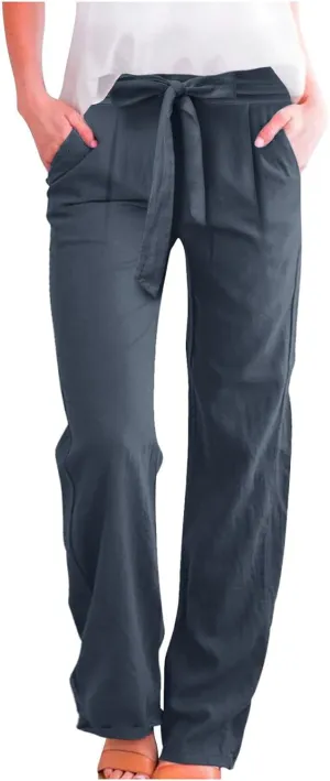 Women's Cotton Linen Summer Casual Loose Palazzo Lounge Pants Elastic Waist Lounge Pants Loose Fit Palazzo