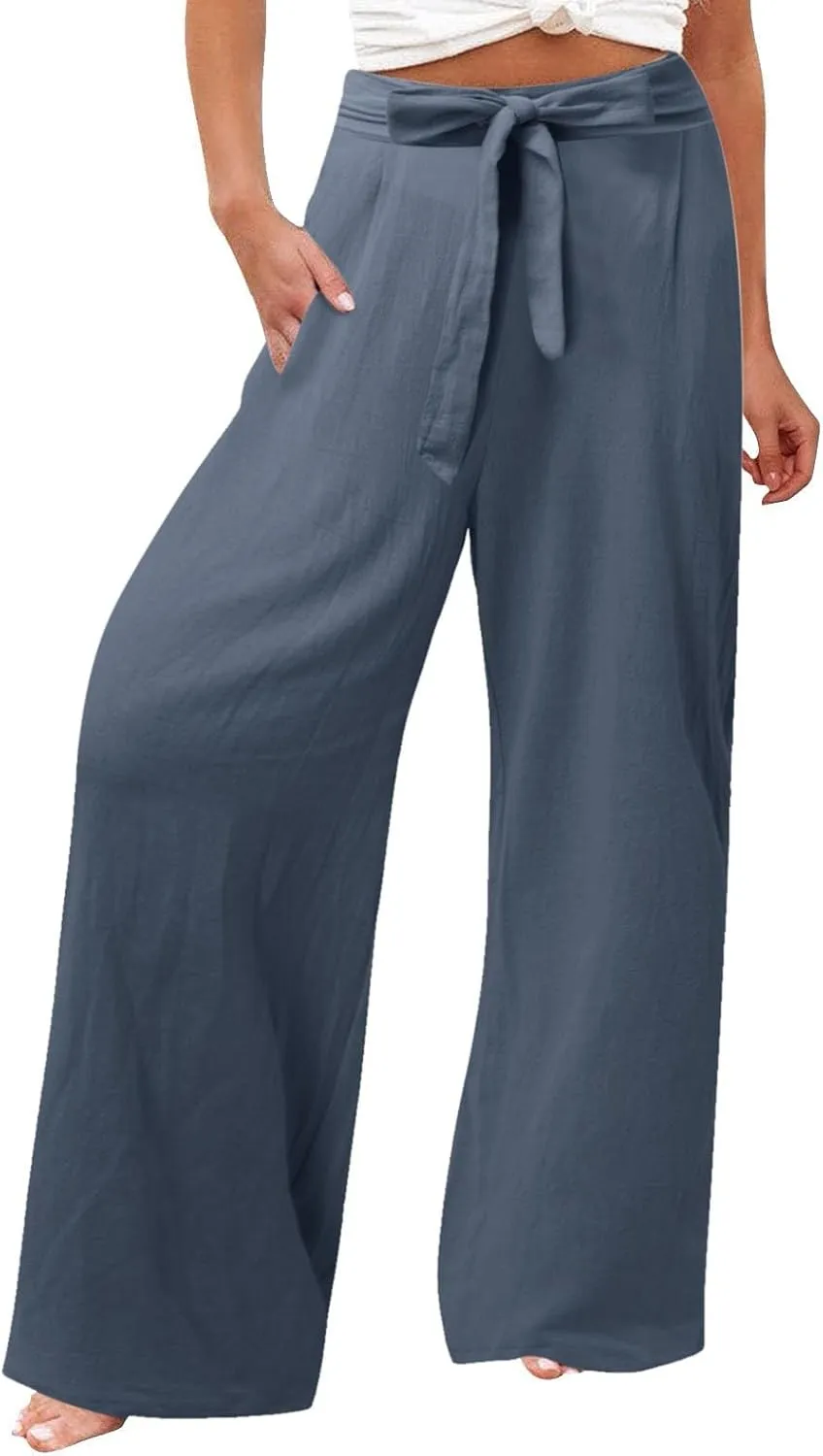Women's Cotton Linen Summer Casual Loose Palazzo Lounge Pants Elastic Waist Lounge Pants Loose Fit Palazzo